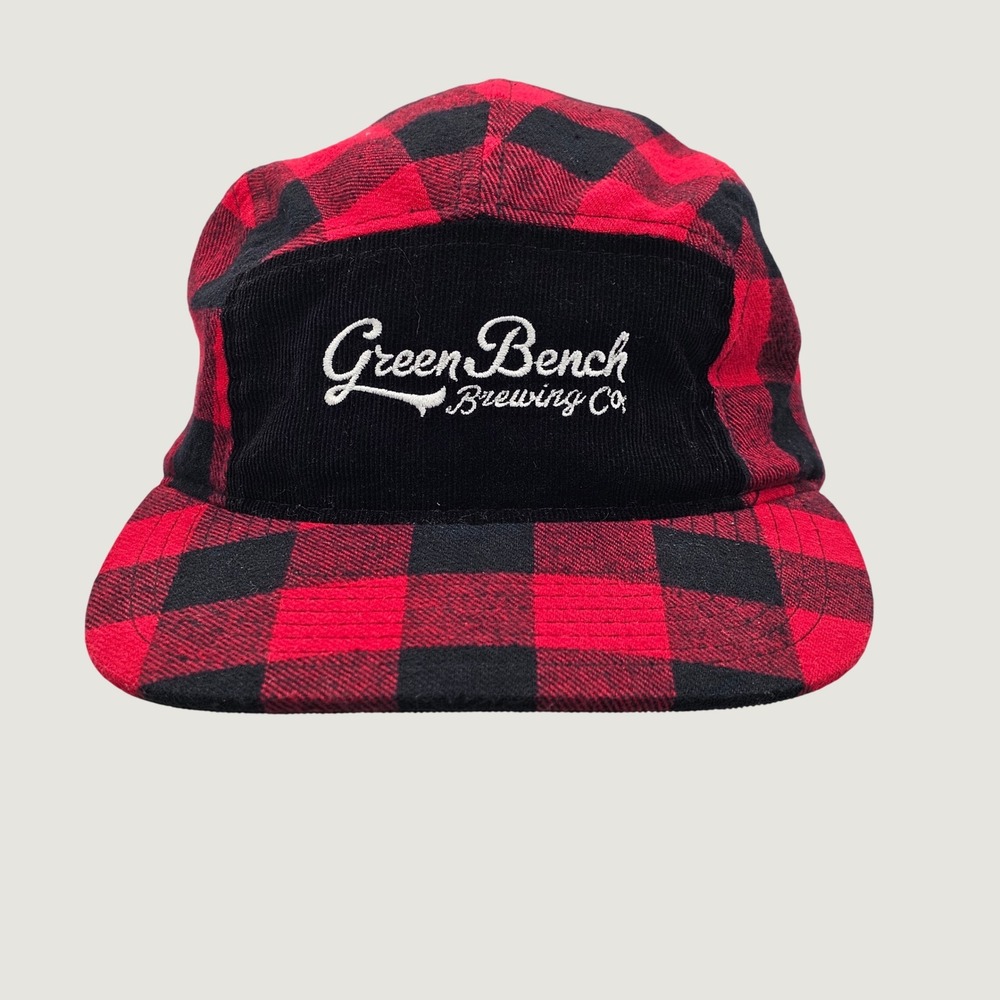 Green Bench Brewing Co Hat Red Buffalo Plaid 5 Panel Cap Premium Leather Strap